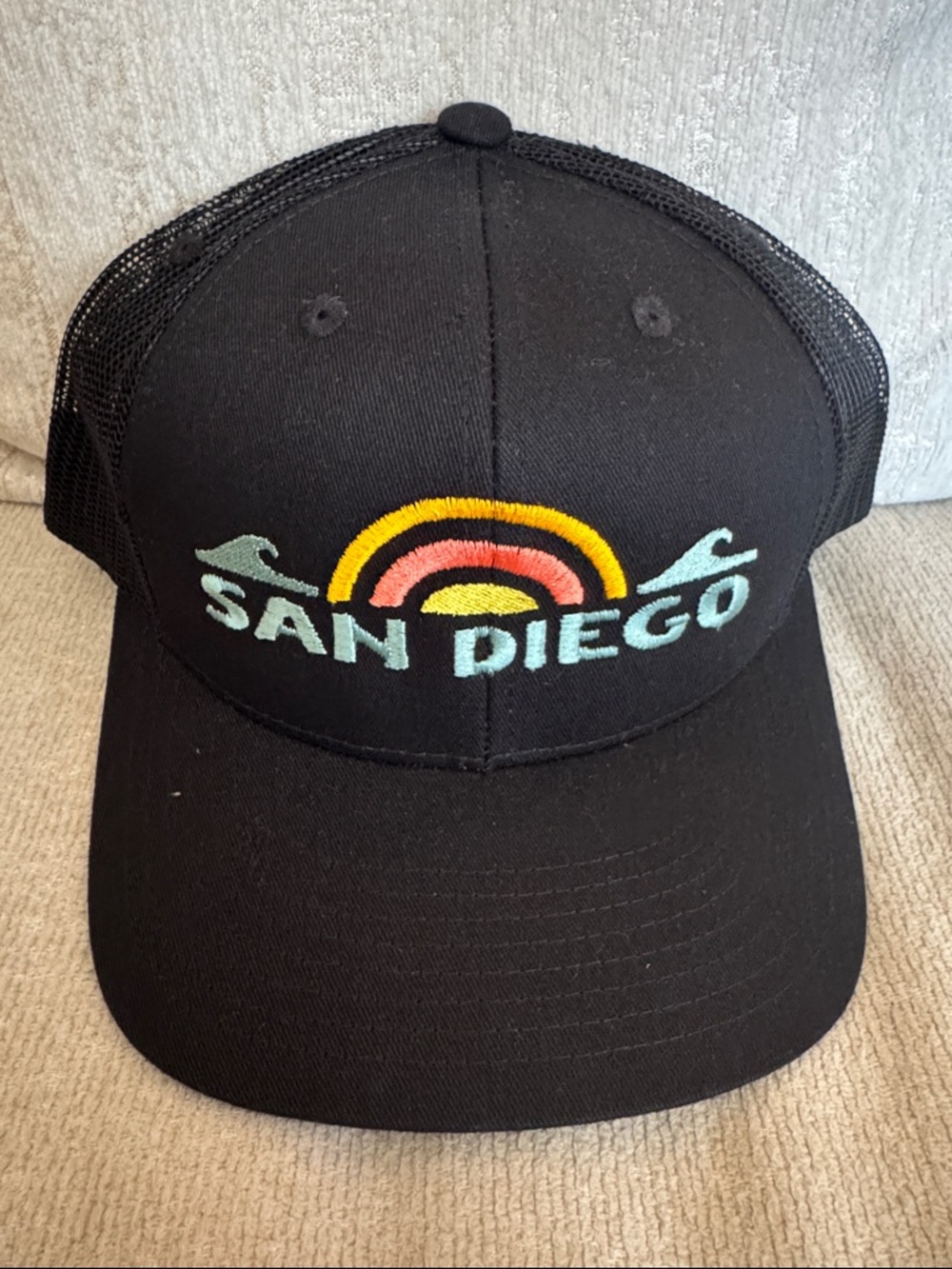 San Diego Black Trucker Hat with Colorful Embroidered Sunset